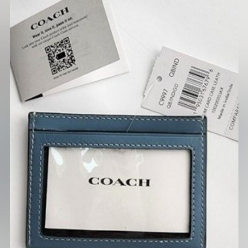 Coach Slim ID Card wallet 100 % leather in Indigo Blue UNISEX NWT!